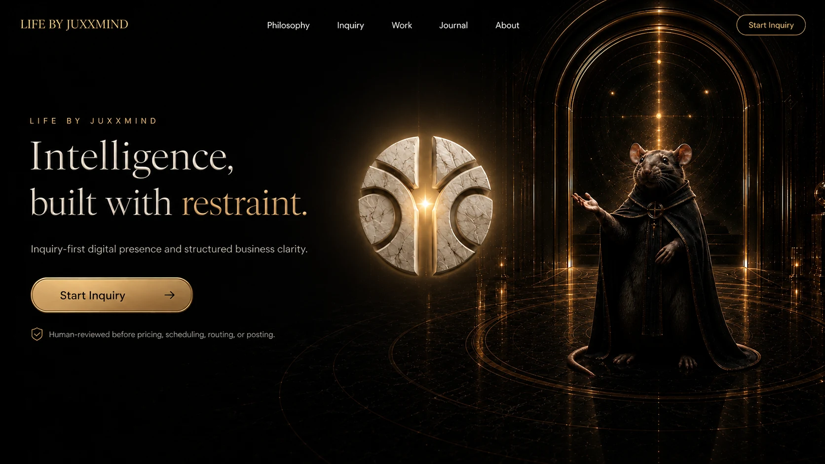 Life by JUXXMIND hero visual with obsidian and gold editorial atmosphere.